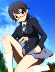  black_hair breasts cloud glasses highres k-on! manabe_nodoka school_uniform shoes short_hair skirt sky socks yadokari_genpachirou 