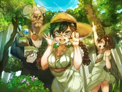  1boy 2girls :d arm_up bad_id bad_pixiv_id beetle black_hair braid bug butler butterfly butterfly_net dress facial_hair glasses hand_net hat himuro_shunsuke long_hair looking_at_viewer moustache multiple_girls open_mouth original outdoors pointing short_hair smile stag_beetle straw_hat sweat tree twin_braids twintails white_hair 