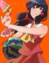  :q ascot bare_shoulders black_hair commentary_request female food fruit gioha hair_tubes hakurei_reimu long_hair orange_background ponytail popsicle red_eyes seed simple_background solo sweatdrop tongue tongue_out touhou watermelon watermelon_bar 