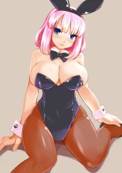  animal_ears bare_shoulders blue_eyes blush bow bowtie breasts cleavage commentary_request detached_collar fake_animal_ears female fishnet_pantyhose fishnets huge_breasts lillithlauda open_mouth original pantyhose pink_hair playboy_bunny rabbit_ears short_hair sitting solo wariza wrist_cuffs 