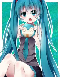  aqua_eyes aqua_hair bad_id bad_pixiv_id baozi female food hatsune_miku highres long_hair looking_at_viewer mikuman minami_saki necktie oerba_yun_fang open_mouth skirt solo twintails vocaloid 