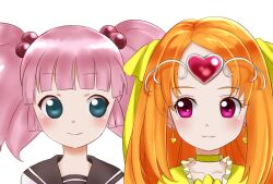  2girls bad_id bad_pixiv_id blue_eyes crossover cure_muse_(yellow) hair_ribbon heart jewelry long_hair magical_girl multiple_girls nanamori_school_uniform needle_(needlebomb) ookubo_rumi orange_hair pink_hair precure red_eyes ribbon school_uniform serafuku shirabe_ako smile suite_precure twintails voice_actor_connection yoshikawa_chinatsu yuru_yuri 