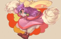  bloomers commentary_request creature dress female freckles full_body grandia grandia_i green_eyes grin nouko_(ina39) pink_dress pom_pom_(cheerleading) purple_hair puui_(grandia) sepia_background shoes short_hair smile sue_(grandia) underwear white_bloomers 