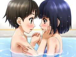  1boy awa blue_hair blush breasts brown_eyes brown_hair character_request couple female one-piece_swimsuit original school_swimsuit short_hair swimsuit 