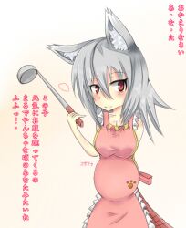  animal_ears apron female fox_ears fox_tail kitsune_(mon-musu_quest!) ladle mon-musu_quest! monster_girl paundo2 pregnant red_eyes silver_hair smile solo tail translation_request 