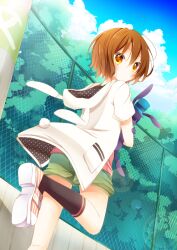  1boy akane_(goma) animal_ears brown_hair commentary_request doll fake_animal_ears goma_(11zihisin) green_shorts highres holding hood hood_down hoodie looking_back male_focus open_mouth original otoko_no_ko photoshop_(medium) rabbit_ears rabbit_tail shoes shorts sneakers socks solo souta_(goma) stuffed_animal stuffed_toy tail yellow_eyes 