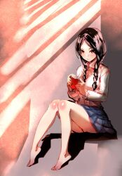  bare_legs barefoot black_hair book bow_(bhp) braid commentary_request feet female hair_over_shoulder long_hair original panties pantyshot reading red_eyes school_uniform sitting skirt solo twin_braids underwear 