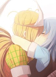  2girls binbougami_ga! blonde_hair blush cast closed_eyes commentary_request couple grey_hair hair_over_one_eye highres hinagi_(fox_priest) hug kissing long_hair momiji_(binbougami_ga!) multiple_girls photoshop_(medium) plaid plaid_shirt ponytail sakura_ichiko school_uniform shirt short_hair skirt sweater_vest tears triangular_headpiece yuri 