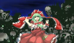  arm_ribbon blue_sky bow bowtie capelet choker commentary_request crazy_eyes crazy_grin crazy_smile dress evil_grin evil_smile female frilled_bow frilled_ribbon frills front_ponytail glowing glowing_eye green_eyes green_hair grin hair_ornament hair_ribbon hairbow hands_up kagiyama_hina long_hair long_skirt looking_at_viewer mochinabe neck_ribbon open_mouth outstretched_arms puffy_short_sleeves puffy_sleeves red_bow red_bowtie red_dress red_ribbon red_skirt ribbon ribbon_choker shaded_face short_sleeves skirt skull sky smile solo stitches touhou wide-eyed wrist_ribbon 