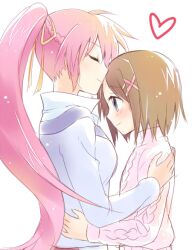  2girls bad_id bad_pixiv_id blue_eyes blush brown_hair closed_eyes commentary_request couple hair_ribbon heart height_difference high_ponytail hug kissing kissing_forehead kuguri_oimo long_hair lyrical_nanoha mahou_shoujo_lyrical_nanoha mahou_shoujo_lyrical_nanoha_a&#039;s multiple_girls pink_hair ribbon short_hair signum simple_background sweater white_background yagami_hayate yuri 