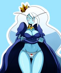  adventure_time blue_background blue_skin blush breasts cleavage crown curvy dress dress_lift eric_lowery eyebrows female frown heart highres ice_queen jewelry large_breasts long_hair navel panties simple_background solo ss2_(artist) thigh_gap thighs underwear very_long_hair white_hair white_panties wide_hips 