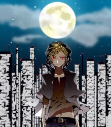  1boy arms_at_sides bad_id bad_pixiv_id belt belt_buckle black_belt black_hoodie blonde_hair blue_pants blue_sky brown_shirt buckle building casual circle city city_lights cityscape closed_mouth cloud colored_eyelashes commentary cross-laced_clothes cross-laced_slit full_moon glowing glowing_eyes hakuri highres hood hood_up hoodie kagerou_project kano_shuuya looking_at_viewer male_focus midriff moon navel night night_sky notched_neckline outdoors pants print_hoodie radio_antenna red_eyes sanpaku shirt short_sleeves sky skyline skyscraper smile solo star_(sky) t-shirt upper_body yobanashi_deceive_(vocaloid) 