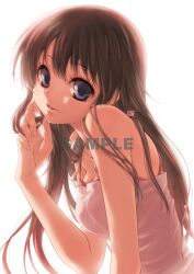  alternate_eye_color bare_shoulders blue_eyes brown_hair commentary_request cover cover_page eyelashes female fingernails fruits_basket hands honda_tohru light_smile long_hair looking_at_viewer photoshop_(medium) sample_watermark solo studio_zero watermark white_background 