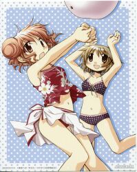  2girls :d absurdres aoki_ume armpits arms_up bikini blush brown_eyes brown_hair double_bun hair_bun hair_ornament hairclip hidamari_sketch highres hiro_(hidamari_sketch) multiple_girls navel official_art open_mouth pink_eyes polka_dot polka_dot_background red_eyes sarong scan short_hair smile swimsuit volleyball yuno_(hidamari_sketch) 