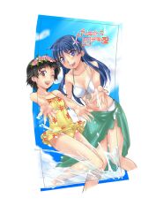  2girls bikini black_hair blue_eyes blush brown_eyes casual_one-piece_swimsuit commentary_request flower front-tie_top green_sarong hair_flower hair_ornament head_wreath katase_minami long_hair multiple_girls one-piece_swimsuit one_eye_closed open_mouth sarong saten_ruiko smile splashing swimsuit toaru_kagaku_no_railgun toaru_majutsu_no_index uiharu_kazari 