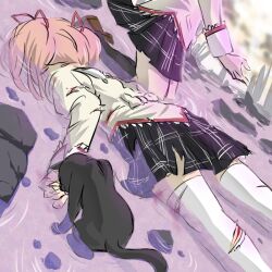  2girls akemi_homura amy_(madoka_magica) bad_end blood commentary_request feline kaname_madoka mahou_shoujo_madoka_magica mahou_shoujo_madoka_magica_(anime) mitakihara_school_uniform mukiki multiple_girls pink_hair school_uniform skirt spoilers thighhighs torn_clothes 