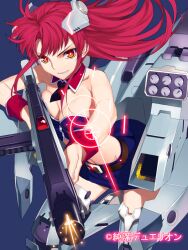  bare_shoulders blue_background breast_press breasts bustier cleavage commentary_request copyright_name detached_collar female grin gun headgear junketsu_duelion large_breasts libelula_ambition long_hair mecha_musume midriff official_art photoshop_(medium) red_eyes red_hair rifle simple_background skirt smile solo thighhighs translated weapon wrist_cuffs yangsion 