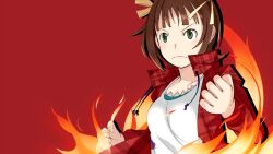  amami_haruka brown_hair commentary_request enoki_p female fire green_eyes highres idolmaster idolmaster_(classic) plaid plaid_shirt ribbon shirt solo 