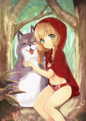  :3 blonde_hair blue_eyes blush bra braid braids canine cape female female forest hair_ribbon hood lingerie little_red_riding_hood little_red_riding_hood_(character) little_red_riding_hood_(grimm) long_hair looking_at_viewer midorikawa_you nature navel no_pants no_shirt original panties red_cape ribbon short_hair sitting smile solo striped striped_panties tongue tongue_out twin_braids underwear wolf 