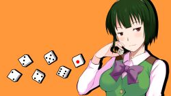  :3 commentary_request dice enoki_p female green_hair highres idolmaster idolmaster_(classic) mole mole_under_mouth otonashi_kotori red_eyes smile solo 