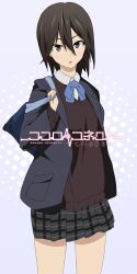  bag black_hair black_sweater blazer brown_eyes commentary_request copyright_name dress_shirt female inaba_himeko jacket kokoro_connect mokkei parted_lips plaid plaid_skirt school_bag school_uniform shirt short_hair skirt solo sweater white_shirt yamaboshi_private_high_school_uniform 