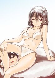  abo_(hechouchou) arm_support bare_shoulders bikini black_hair breasts cleavage commentary_request female kimeemaru looking_at_viewer medium_breasts navel no_headwear one_eye_closed pointy_ears red_eyes shameimaru_aya short_hair side-tie_bikini_bottom sitting smile solo swimsuit touhou wet white_bikini yukkuri_shiteitte_ne 