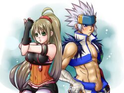  bandage bare_chest blush breasts brown_hair dungeon_and_fighter fighter fighter_(dungeon_and_fighter) fingerless_gloves gloves long_hair shorts slayer slayer_(dungeon_and_fighter) white_hair 