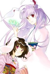  2girls :3 alternate_costume animal_ears bad_link bullet carrot carrot_necklace highres inaba_tewi japanese_clothes jewelry kimono light_purple_hair long_hair multiple_girls necklace pendant photoshop_(medium) red_eyes reisen_udongein_inaba ritz_(h322) smile touhou 