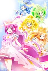  5girls :d aoki_reika blonde_hair blue_eyes blue_hair blush bow bow-shaped_hair choker commentary_request cure_beauty cure_beauty_(princess_form) cure_happy cure_happy_(princess_form) cure_march cure_march_(princess_form) cure_peace cure_peace_(princess_form) cure_sunny cure_sunny_(princess_form) dress earrings green_choker green_eyes green_hair hair_flaps halo hino_akane_(smile_precure!) hoshizora_miyuki jewelry kakiuchi_itsuki long_hair looking_at_viewer midorikawa_nao multiple_girls open_mouth orange_choker orange_dress orange_eyes orange_hair pink_choker pink_eyes pink_hair pink_shorts precure shorts smile smile_precure tiara v very_long_hair wrist_cuffs yayoi_kise yellow_eyes yellow_halo 