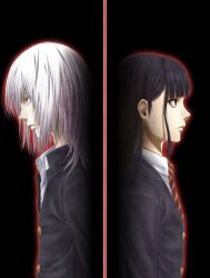  1boy absurdres aura back-to-back black_background black_hair bleachist blunt_bangs brown_eyes commentary_request female highres long_hair necktie original profile red_eyes school_uniform short_hair silver_hair split_screen 