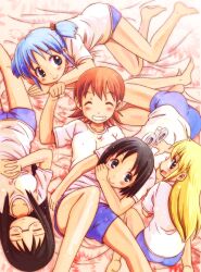  5girls aioi_yuuko barefoot bed_sheet black_hair blonde_hair blue_eyes blue_hair blush brown_eyes brown_hair closed_eyes collarbone commentary_request cube_hair_ornament glasses grin gym_uniform hair_ornament legs long_hair looking_away lying minakami_mai multiple_girls naganohara_mio naruse nichijou on_back on_side on_stomach open_mouth own_hands_clasped own_hands_together painttool_sai_(medium) professor_shinonome shinonome_nano shirt short_hair short_twintails shorts smile t-shirt thighs twintails winding_key 