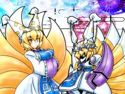  animal_ears bad_id bad_pixiv_id baund_doc blonde_hair breasts chibi commentary_request female fox_ears fox_tail gundam hands_in_opposite_sleeves hat large_breasts mayohi_neko mechanization multiple_tails photoshop_(medium) sd_gundam tail touhou yakumo_ran yellow_eyes zeta_gundam 