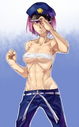  147 abs banchou binbougami_ga! commentary_request delinquent female hat muscular pants pink_hair police_hat rindou_ranmaru sarashi short_hair solo sukeban 