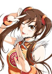  ;p bangle bracelet brown_eyes brown_hair china_dress chinese_clothes commentary dress female fur_trim jewelry kyo9999 ling_xiaoyu long_hair one_eye_closed orange_shirt ring_hair_ornament shirt simple_background solo tekken tongue tongue_out twintails white_background 