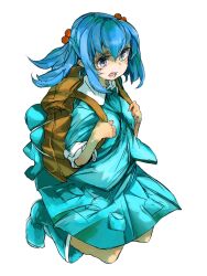  backpack bad_id bad_pixiv_id bag blue_eyes blue_hair blush boots commentary_request female full_body hair_bobbles hair_ornament highres kawashiro_nitori kneeling no_headwear open_mouth oshake short_hair simple_background skirt skirt_set sleeves_rolled_up solo touhou two_side_up white_background 