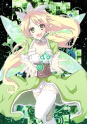  belt blonde_hair breasts brown_belt cleavage commentary_request dress energy energy_wings fairy fairy_wings female glowing glowing_wings green_dress green_eyes green_wings large_breasts leafa long_hair magic multiple_wings photoshop_(medium) pointy_ears sword_art_online thighhighs thighs transparent_wings very_long_hair white_thighhighs wings yuuma_(noel) 