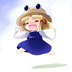  =_= blonde_hair blush chibi commentary_request female hat highres moriya_suwako open_mouth short_hair sidelocks skirt smile solo touhou yume_shokunin 