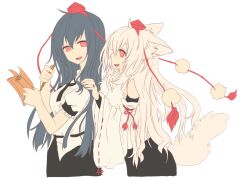  2girls alternate_hair_length alternate_hairstyle animal_ears black_hair commentary_request couple hat inubashiri_momiji inutose jewelry long_hair multiple_girls red_eyes ring shameimaru_aya tail tokin_hat touhou wedding_ring white_hair wife_and_wife wolf_ears wolf_tail yuri 