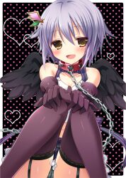  :d aono_ribbon bare_shoulders black_panties black_thighhighs black_wings blush brown_eyes chains cleavage_cutout clothing_cutout collar commentary_request elbow_gloves female garter_straps gloves hair_ornament hairclip heart heart_cutout idolmaster idolmaster_cinderella_girls koshimizu_sachiko navel open_mouth panties pantyshot photoshop_(medium) polka_dot polka_dot_background purple_hair short_hair sitting skirt smile solo striped thighhighs underwear wings 