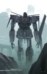  bird bridge cable commentary_request dated gundam gundam_zz mecha mobile_suit no_humans photoshop_(medium) psyco_gundam_mk_ii red_ace robot ruins science_fiction signature solo v-fin walking 