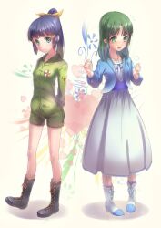  2girls :d alternate_hairstyle aoki_reika aoki_reika_(cosplay) aqua_eyes blue_eyes blue_hair blush boots casual commentary_request cosplay costume_switch dress green_eyes green_hair green_shirt hair_down hair_ribbon hair_tubes hairstyle_switch long_hair midorikawa_nao midorikawa_nao_(cosplay) multiple_girls open_mouth ponytail precure ribbon shirt shorts smile smile_precure touboku 