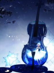  barefoot beamed_eighth_notes blue_hair bug butterfly cello commentary_request eighth_note female instrument md5_mismatch musical_note original quarter_note red_eyes surreal underwater water yuukichi 