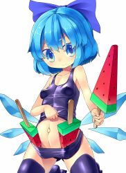  blue_eyes blue_hair breasts cirno commentary_request covered_nipples female food fruit holding ice ice_wings mikan_(bananoha) navel one-piece_swimsuit outie_navel popsicle school_swimsuit short_hair simple_background small_breasts smile solo swimsuit thighhighs touhou watermelon watermelon_bar white_background wings 