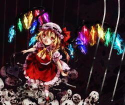  ascot black_background blonde_hair bobby_socks bone bow commentary_request female flandre_scarlet hat hat_bow laevatein_(touhou) looking_up madogawa mary_janes oerba_yun_fang open_mouth photoshop_(medium) red_eyes shoes short_hair side_ponytail skirt skirt_set skull socks solo touhou white_socks wings 