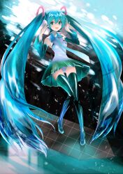  :d absurdly_long_hair aqua_eyes aqua_hair bad_id bad_pixiv_id bare_shoulders black_thighhighs boots clothes_lift dress dress_lift female full_body hatsune_miku hayama_eishi highres long_hair looking_at_viewer open_mouth smile solo thigh_boots thighhighs twintails very_long_hair vocaloid 