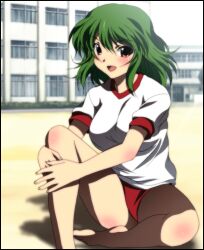  bloomer blush breasts buruma cosplay female female green_hair gym_uniform highres kazami_yuuka short_hair sitting smile solo touhou yadokari_genpachirou 