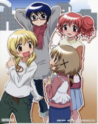  4girls :d absurdres artist_request blonde_hair blue_eyes blue_hair blush brown_eyes brown_hair casual double_bun glasses hair_bun hair_ornament hairclip hidamari_sketch highres hiro_(hidamari_sketch) miyako_(hidamari_sketch) multiple_girls official_art open_mouth pink_eyes red_eyes sae_(hidamari_sketch) scan scarf short_hair skirt smile yuno_(hidamari_sketch) 