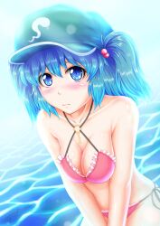  bare_shoulders bikini blue_eyes blue_hair blush breasts cleavage commentary_request embarrassed female kawashiro_nitori key looking_at_viewer medium_breasts nazal pink_bikini short_hair solo swimsuit touhou two_side_up water 