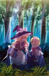  2girls absurdres alice_margatroid an2a apron basket blonde_hair bow braid cape capelet embellished_costume flower forest forest_of_magic hairband hat hat_bow highres kirisame_marisa long_hair long_sleeves multiple_girls mushroom nature orange_eyes purple_eyes scarf short_hair side_braid single_braid touhou tree witch_hat 