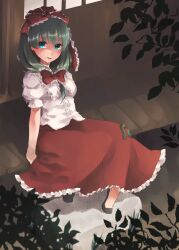  adapted_costume alternate_eye_color bad_id bad_pixiv_id blouse blue_eyes blush bow female frills front_ponytail green_eyes green_hair hair_ornament hair_ribbon hairbow highres kagiyama_hina leaf long_hair looking_at_viewer ribbon shirt shoes short_sleeves sitting smile solo touhou urita_(vivivinicol) 